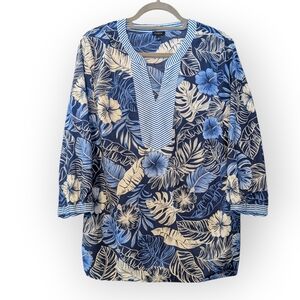 Talbots Hibiscus Palms Tunic Blouse blue white tropical print Resort Top Large